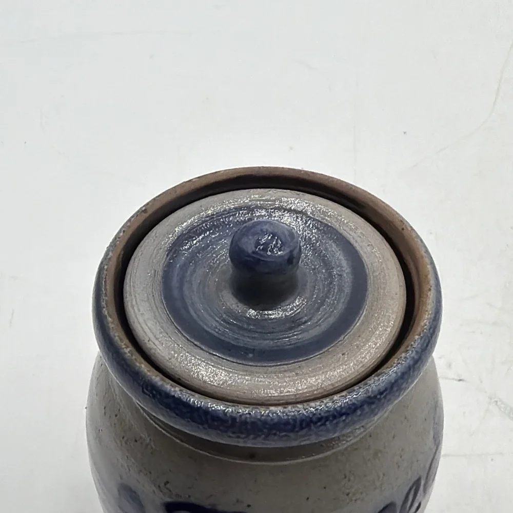 1991 Vintage Rowe Pottery Stoneware Spice Herb Jar Thyme Gray Dark Blue Cobalt